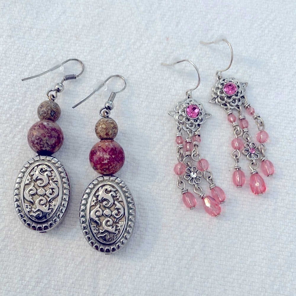 💐5/25 two pair lot bundle dangle drop beaded natural stone flaw